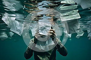Drowning businessman in the depths of the sea. A man with papers underwater. An office worker is drowning in a sea of papers