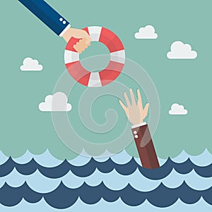 Drowning businessman getting lifebuoy from other businessman