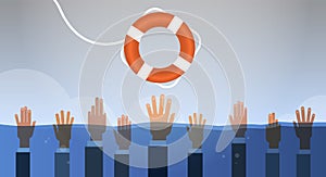 Drowning businessmen hands in water getting one lifebuoy helping business to survive support rescue concept horizontal