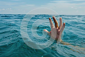 Drowning concept with human hand reaching out for help in the ocean