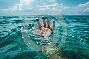 Drowning concept with human hand reaching out for help in the ocean