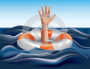 Drowning concept. Life Buoy with hand asking for help