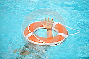 Drowning kid. Helping lifebuoy with hands in the water. Life buoy survive. Support survival or save, Concept of help