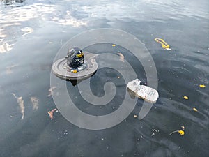 Drowning lord shiv and his nandi Bull statue in flood water in India.