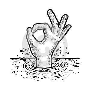 Drowning man shows ok sign sketch vector