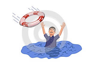 Drowning man sticking out of the water trying to catch lifebuoy. Safety and urgent help. Resque needed. Flat vector photo