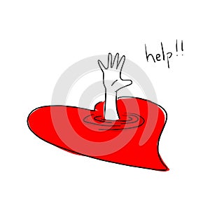 Drowning victim in red heart vector illustration sketch doodle hand drawn with black lines isolated on white background