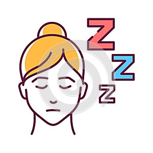 Drowsiness color line icon. Flu symptom. A state of strong desire for sleep, or sleeping for unusually long periods. Pictogram for