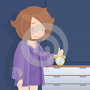 Drowsy girl waking up in the morning, Cartoon illustration photo