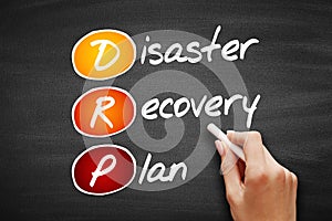 DRP - Disaster Recovery Plan acronym, business concept background on blackboard