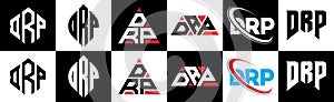 DRP letter logo design in six style. DRP polygon, circle, triangle, hexagon, flat and simple style with black and white color