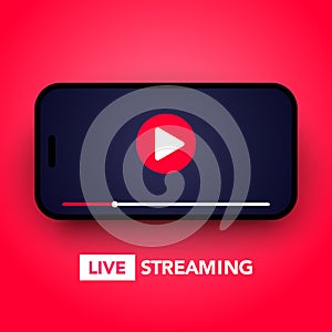 Vector illustration live stream concept with play button on smartphone screen for online broadcast, streaming service