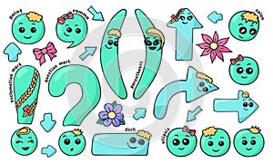 Set of hand drawn cute smiling kawaii punctuation marks in doodle style photo