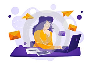 Vector illustration business women sit on laptop, check and send emails. Email service concept.