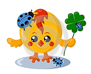 Funny cute chick with round body and ladybugs holding four-leaf good luck clover in flat design with shadows.