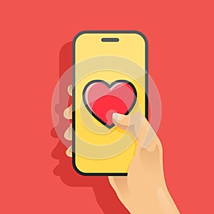 Vector Illustration Hand Holding Smartphone And Send Heart