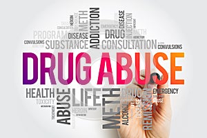 Drug Abuse - use of certain chemicals for the purpose of creating pleasurable effects on the brain, word cloud health concept