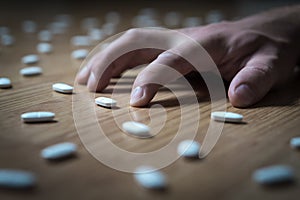 Drug addict with withdrawal symptoms lying on floor. photo