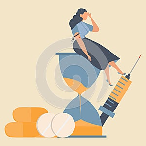 Drug addicted Broken woman using heroin and sitting on the hourglass with giant syringe and pill on background.