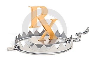 Drug addiction concept, bear trap with prescription symbol. 3D r