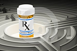 Drug addiction concept. Medical bottle full pills inside labyrinth maze, 3D rendering