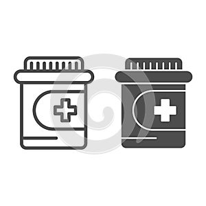Drug bottle line and glyph icon. Pharmaceutical jar vector illustration isolated on white. Medication outline style