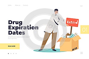 Drug expiration dates landing page with medical doctor and box of expired medicines