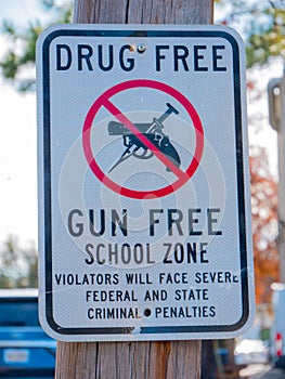 Drug Free and Gun Free School Zone sign in New Orleans, Louisiana, USA