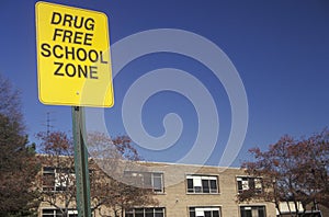 A drug free school zone sign