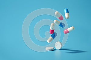 Drug or medicine,medicine pills and antibiotics background Space for text on a blue background