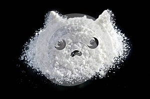Drug meow meow, mephedrone. White crystalline powder on a black background
