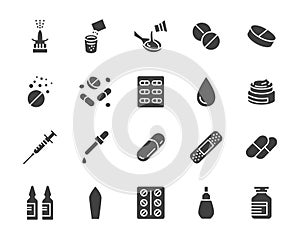 Drug, Pharmacy Medical Silhouette Flat Icons. Vector Glyph Illustration Included Icon as Effervescent Pills, Cough Syrup photo