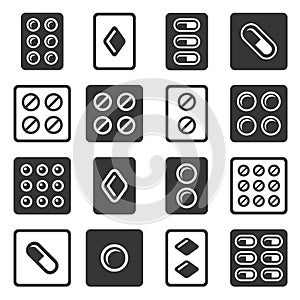 Drug Pills in Blister Icons Set. Vector