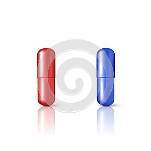 Drug pills in matrix style. Red and blue 3D tablets. Vitamin capsules with reflection isolated on white photo