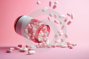 Drug pills pouring from glass bottle. Ai generative