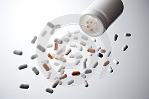 Drug pills pouring from white bottle. Ai generative