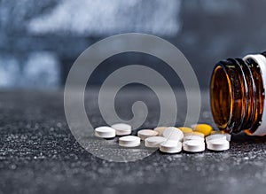 Drug prescription for treatment medication. Packaging of tablets and pills on the table. Medicine.