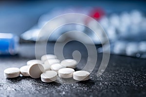 Drug prescription for treatment medication. Packaging of tablets and pills on the table. Medicine.