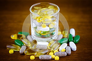 Drug prescription for treatment medication. Pharmaceutical medicament, cure in container for health.