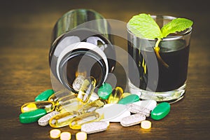 Drug prescription for treatment medication, Pharmaceutical medicament, cure in container for health.