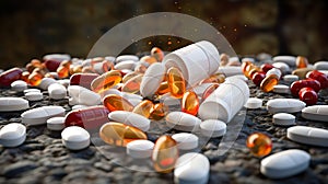 Drug prescription for treatment medication. Pharmaceutical medicament, cure in container for health. Pharmacy theme