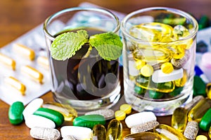 Drug prescription for treatment medication. Pharmaceutical medicament, cure in container for health. Pharmacy theme.