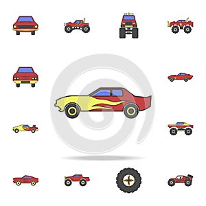 drug racing car field coloricon. Detailed set of color big foot car icons. Premium graphic design. One of the collection icons for