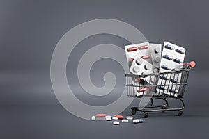 Drug store and online pharmacy concept with black shopping cart and assorted medicine pills on blank dark background. Mock up