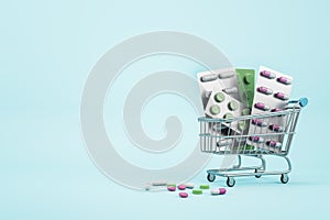 Drug store and online pharmacy concept with shopping cart and assorted medicine pills on blank blue background. Mock up