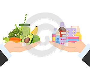 Drug tablet and healthy vegetable nutrition choice, vector illustration. Vitamin in cure pill and natural fresh green