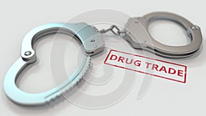 DRUG TRADE stamp and handcuffs. Crime and punishment related conceptual 3D rendering