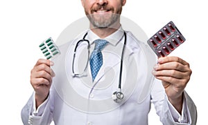 druggist with pills. druggist hold pills. medication in hands of druggist