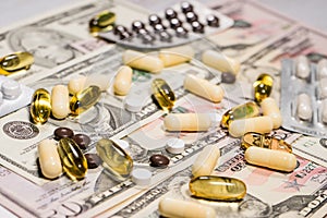 Drugs Addiction pharmaceutic industry supplement health capsule money dollars