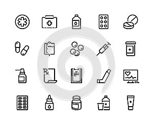 Drugs line icon. Medicine prescription, pharmacy recipes, pills capsules inhaler. Vector medical supplies for clinic and